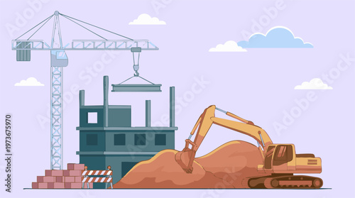 Construction site with crane and excavator working on new building development