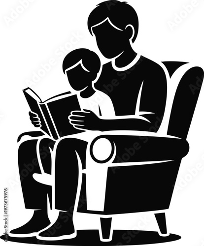 Father and Son Reading Book Together on Armchair Silhouette vector illustration