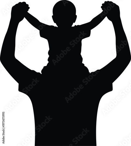Father Carrying Son On Shoulders Silhouette With Raised Arms child