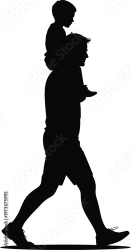 Father carrying son on shoulders walking silhouette on white background child