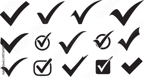 Collection of various checkmark and tick icons on white