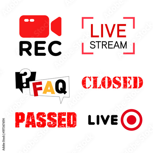 Professional Video Production Labels Set featuring Live Stream, Rec, and FAQ Stickers isolated on White Background