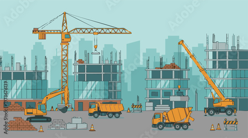 Urban Construction Site with Heavy Machinery and Buildings Under Development