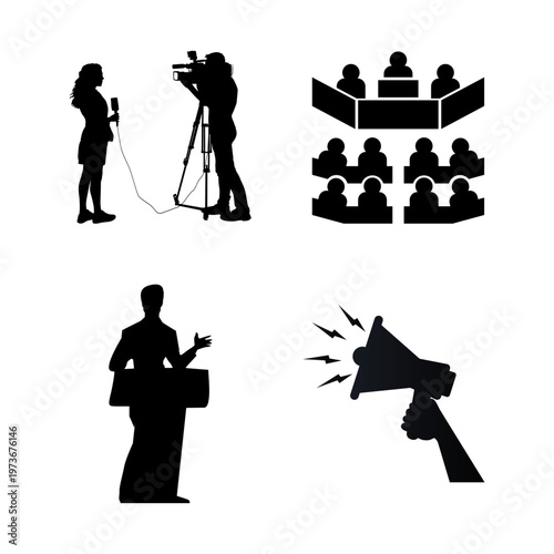 Television Broadcast and Public Speaking Silhouette Set featuring News Anchors and Audience isolated on White Background