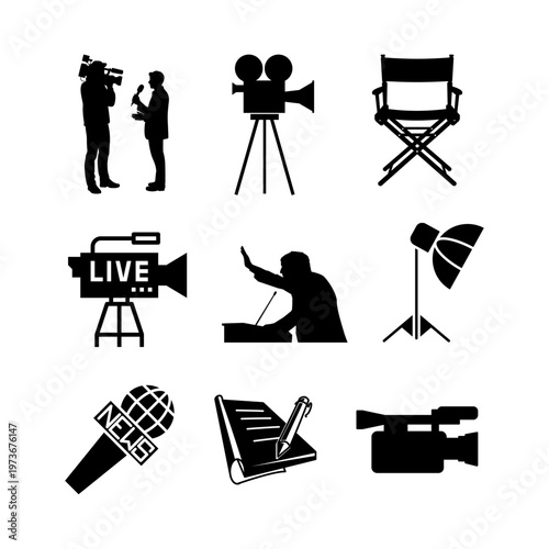 Professional Film Crew and Movie Production Silhouette Set featuring Camera Operators and Lighting isolated on White Background