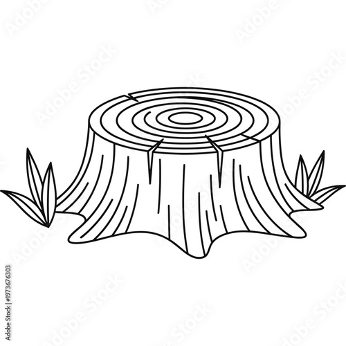 Tree stump cut down with leaves growing around it in forest