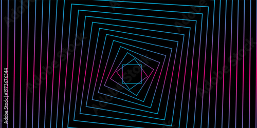 Abstract geometric background with rotating square pattern and neon gradient lines