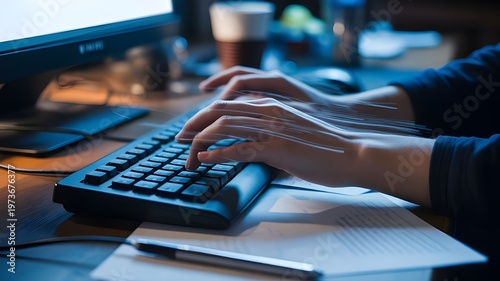hands typing fast on keyboard, productivity concept