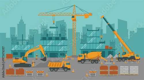 Urban construction site with heavy machinery, workers, and buildings under development