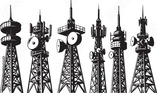 Cell towers with antennas and satellite dishes in black