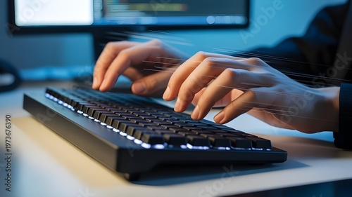 hands typing fast on keyboard, productivity concept