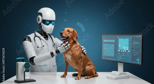 Robot veterinarian examining a dog, representing artificial intelligence in pet care and advanced veterinary medicine. Future of animal health technology.