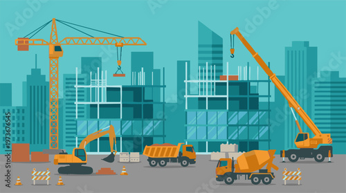Urban construction site with cranes, trucks, and unfinished buildings