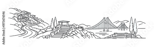 Suspension bridge spanning water with coastal path and houses