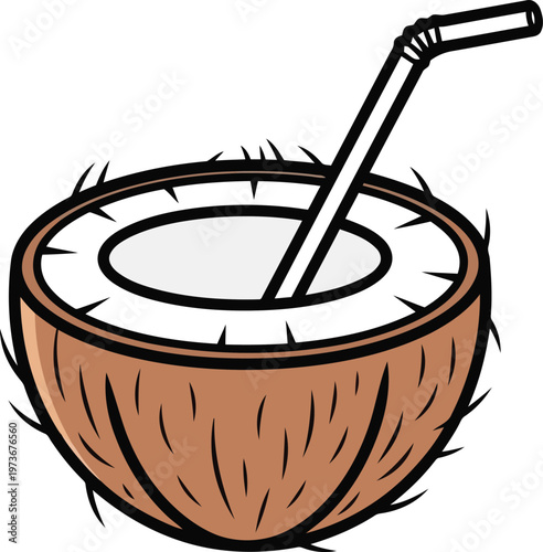 A refreshing half coconut filled with white liquid and a striped straw sticking out