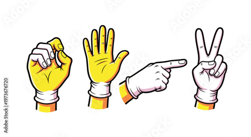 Yellow Gloved Hands Showing Different Gestures on Isolated White Background