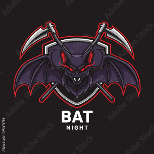 Fierce Bat Mascot with Scythes and Shield Emblem.