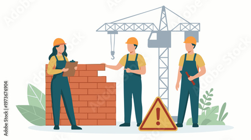 Construction team working on a brick wall with a crane and safety sign