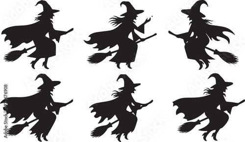 Flying Witch Silhouette Icon Set - Halloween Broomstick Vector Graphics