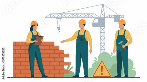 Team of builders with safety gear overseeing a construction site