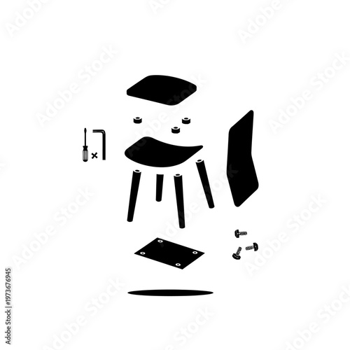 flat pack furniture assembly vector illustration showing disassembled modern chair parts and tools.