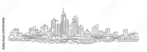 Urban skyline with dome building, bridges and riverside park