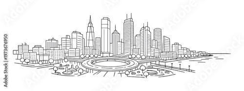 City skyline centered around circular interchange and waterfront