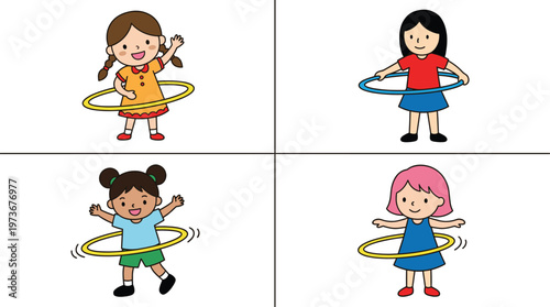 Flat Illustration Set of Kids Playing with Hula Hoop Featuring Happy Children in Different Poses and Activities Isolated on White Background