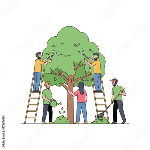 People pruning tree in teamwork with colorful flat illustration for environmental conservation