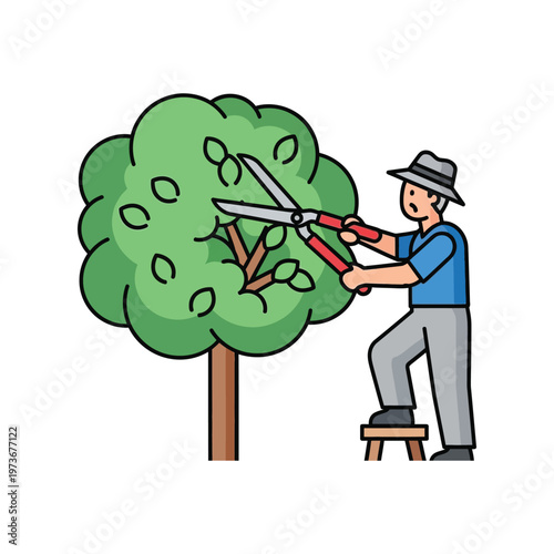 Man pruning tree with large red scissors in style on white background for gardening or landscaping