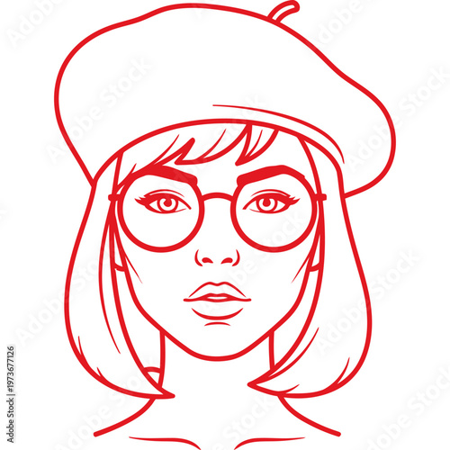 stylish young woman wearing beret and glasses a modern minimalist line art vector illustration for fashion and creativity