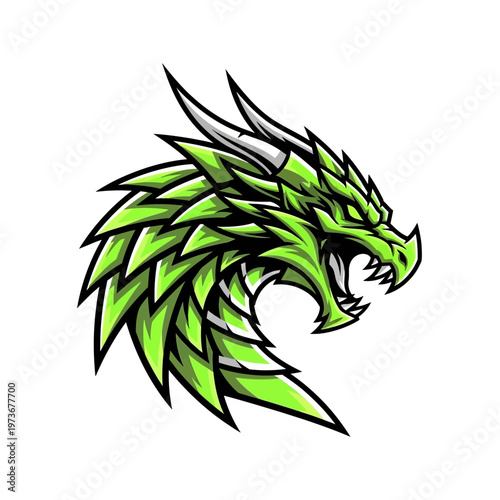 Fierce Green Dragon Head with Sharp Scales and Roaring Mouth.