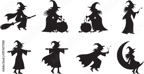 Halloween Witch Silhouettes Set with Broomstick and Cauldron