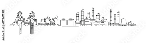 Oil field and refinery complex with pumpjacks on horizon