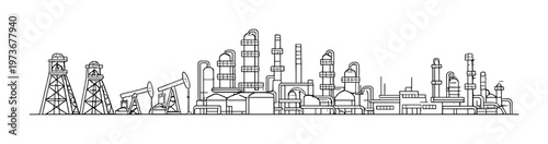 Refinery complex with distillation towers and pumpjacks on plain