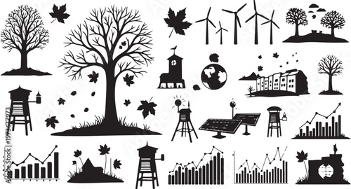 Black and white icons of nature and statistics combined