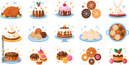 Festive Holiday Treats and Desserts Including Roasted Chicken, Cakes, Cookies, Puddings, and Sweets