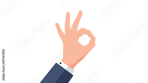 Professional close-up of a hand in a suit sleeve making an okay sign gesture with fingers on a white background, representing approval or success.