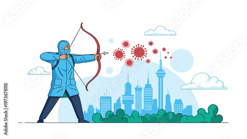 Heroic character in a protective suit using a bow and arrow to shoot at virus cells over a city skyline, representing the fight against disease.