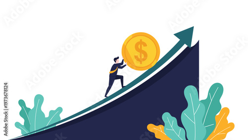 Motivated businessman pushing a giant gold dollar coin up a rising arrow graph, representing financial effort, investment, and economic growth.