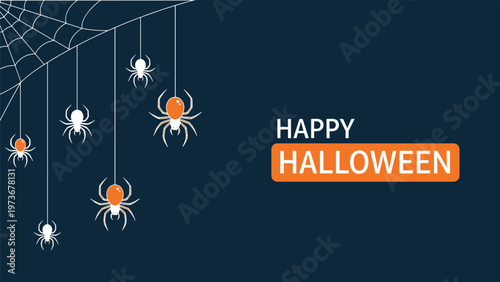 Festive Halloween banner featuring white and orange spiders hanging from a web on a dark blue background with the text saying happy halloween.