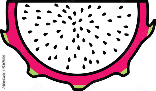 Handdrawn illustration of a vibrant pink dragon fruit slice with black seeds isolated on a white background