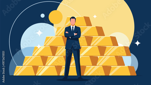 Successful businessman standing confidently with crossed arms in front of a huge pile of gold bars, representing immense wealth and achievement.