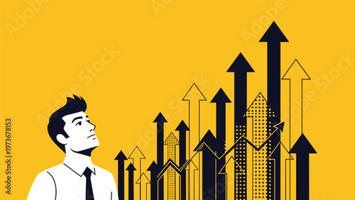 Ambitious businessman looking up at several rising black and white arrows on a yellow background, representing career goals and market growth.