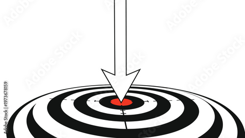 Large white arrow pointing directly at the red bullseye of a circular black and white target, representing precision, focus, and hitting goals.