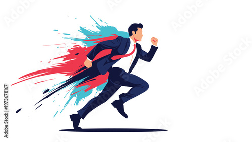 Powerful businessman in a suit running very fast with colorful red and blue paint splashes behind him, representing speed and dynamic energy.
