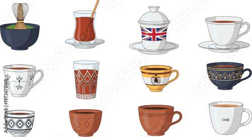Set of Traditional Tea and Coffee Cups with Matcha, Turkish Tea, British Teapot, and Cultural Beverage Drinkware Illustrations