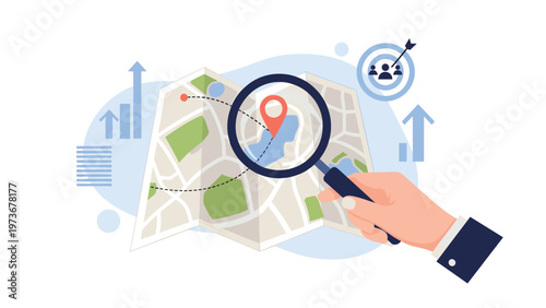 Hand holding a magnifying glass over a map with a location pin and target symbols, representing location search and strategic business planning.
