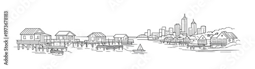 Stilt houses on wooden docks across calm water with skyline