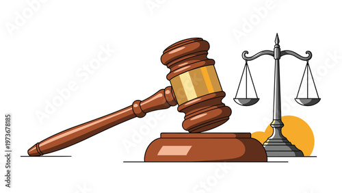 Classic illustration of a wooden judge gavel and scales of justice, representing law, legal system, professional courtrooms, and fairness.